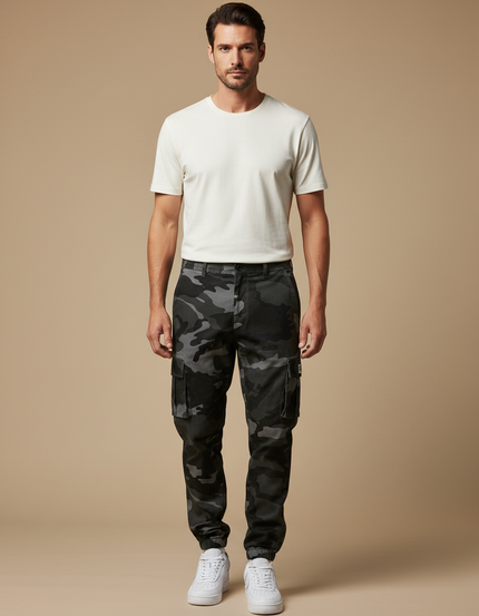 Pantalon Cargo Camouflage Gris Noir Homme Jogger - Imprimé Gabardine