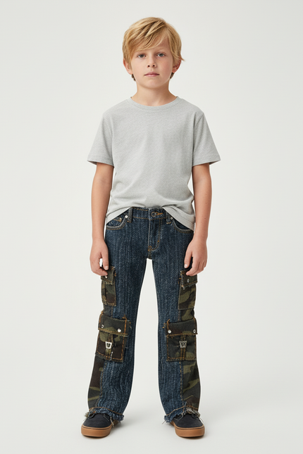 Pantalon Cargo Denim Camouflage Multipoches Enfant Évasé - Multicolore Jean