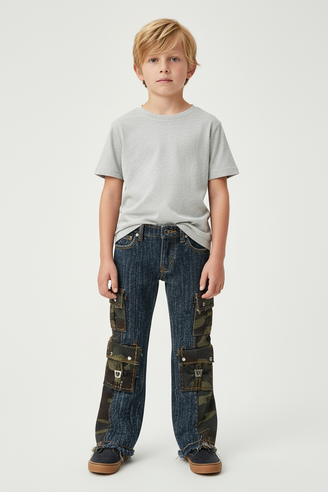 Pantalon Cargo Denim Camouflage Multipoches Enfant Évasé - Multicolore Jean