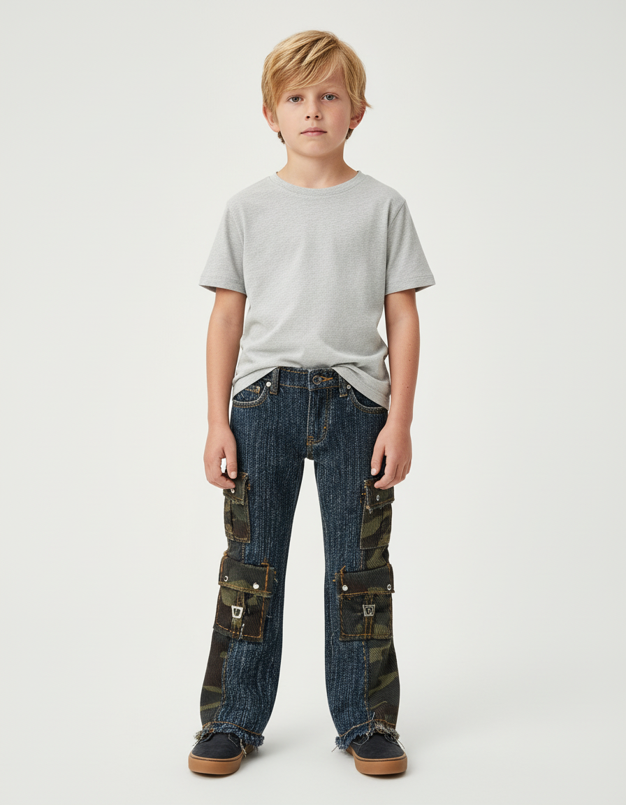 Pantalon Cargo Denim Camouflage Multipoches Enfant Évasé - Multicolore Jean