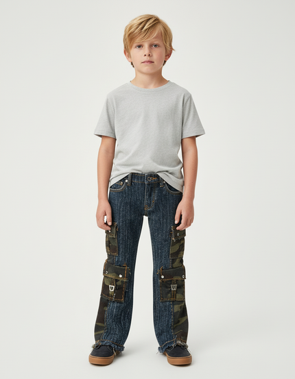 Pantalon Cargo Denim Camouflage Multipoches Enfant Évasé - Multicolore Jean