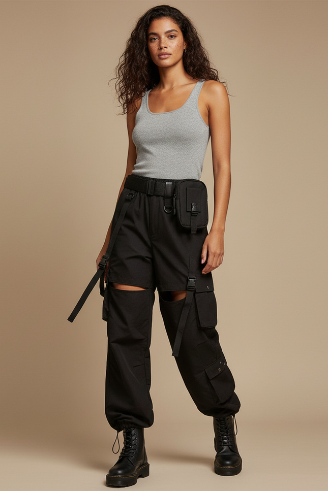 Pantalon Cargo Noir Découpes Amovibles Streetwear Femme - Toile