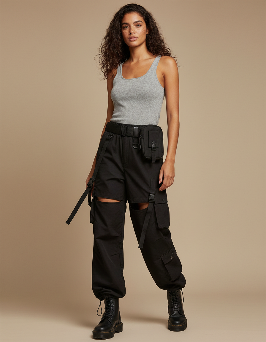 Pantalon Cargo Noir Découpes Amovibles Streetwear Femme - Toile