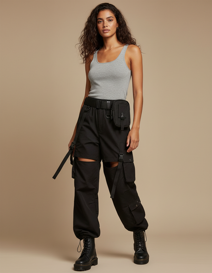 Pantalon Cargo Noir Découpes Amovibles Streetwear Femme - Toile