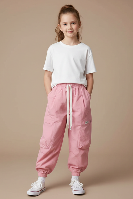 Pantalon Cargo Rose Ample Coton Multipoches Fille - Polyester