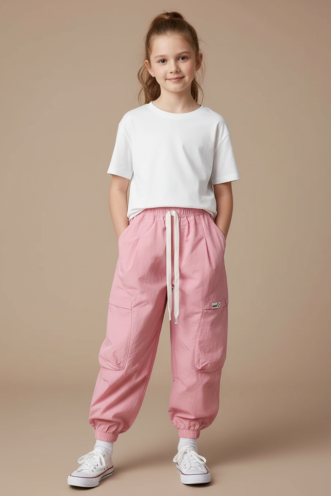 Pantalon Cargo Rose Ample Coton Multipoches Fille - Polyester