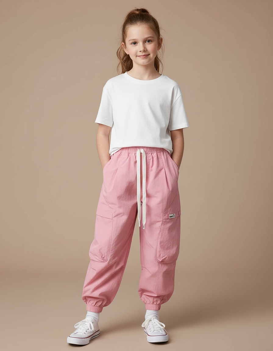 Pantalon Cargo Rose Ample Coton Multipoches Fille - Polyester