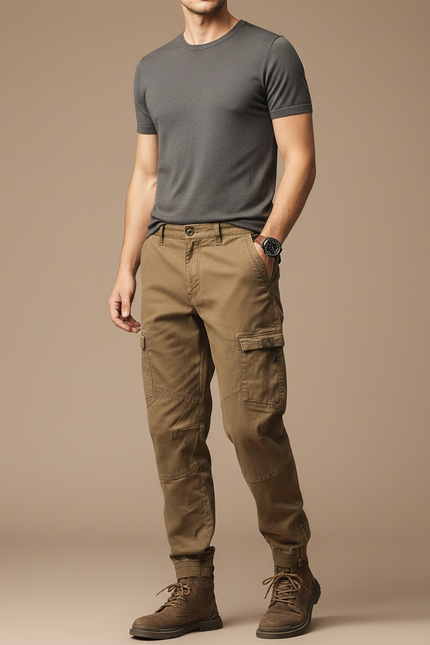 Pantalon Cargo Homme Marron Coton Coupe Droite - Kaki Toile