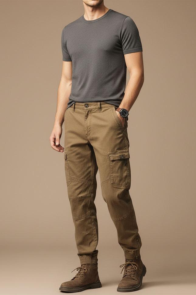 Pantalon Cargo Homme Marron Coton Coupe Droite - Kaki Toile