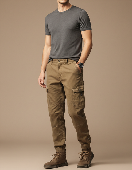 Pantalon Cargo Homme Marron Coton Coupe Droite - Kaki Toile