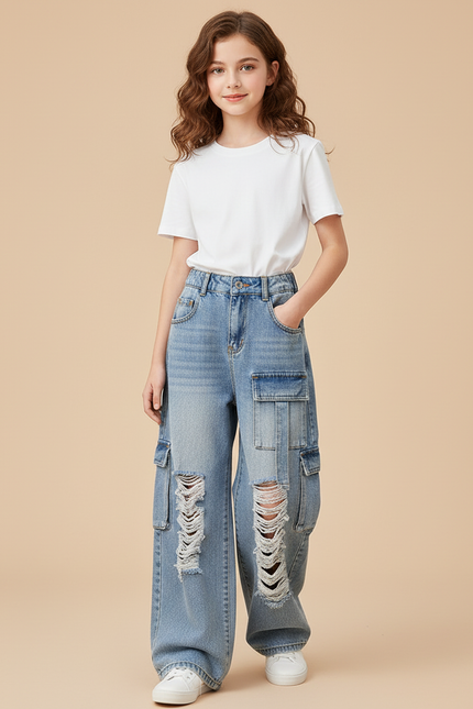 Pantalon Cargo Ample Délavé Délavé Multipoches Fille - Bleu Jean