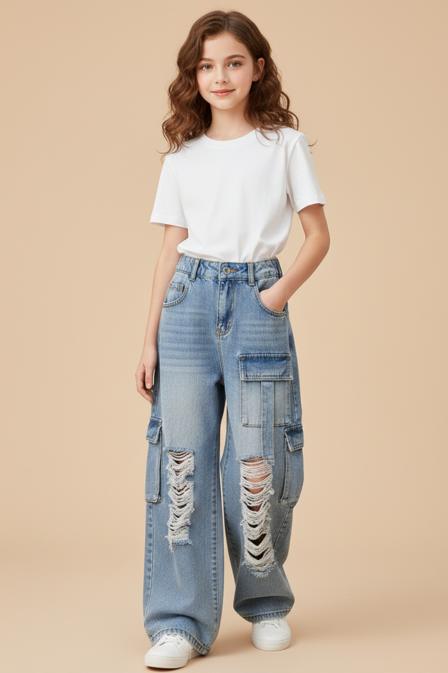 Pantalon Cargo Ample Délavé Délavé Multipoches Fille - Bleu Jean