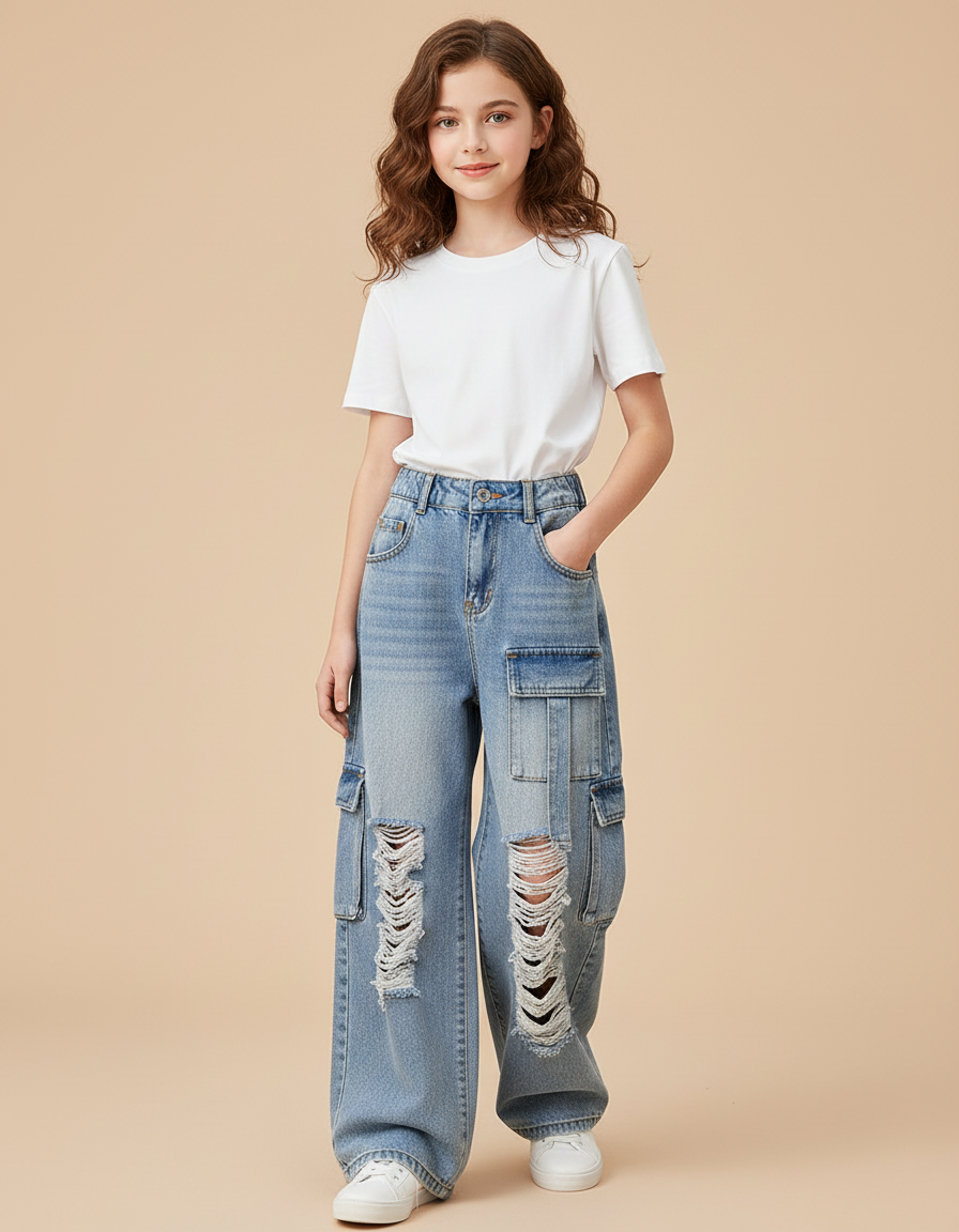 Pantalon Cargo Ample Délavé Délavé Multipoches Fille - Bleu Jean