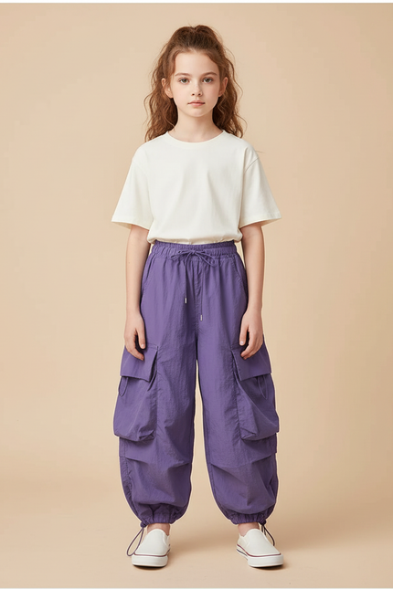Pantalon Cargo Violet Ample Multipoches Décontracté Fille - Polyester