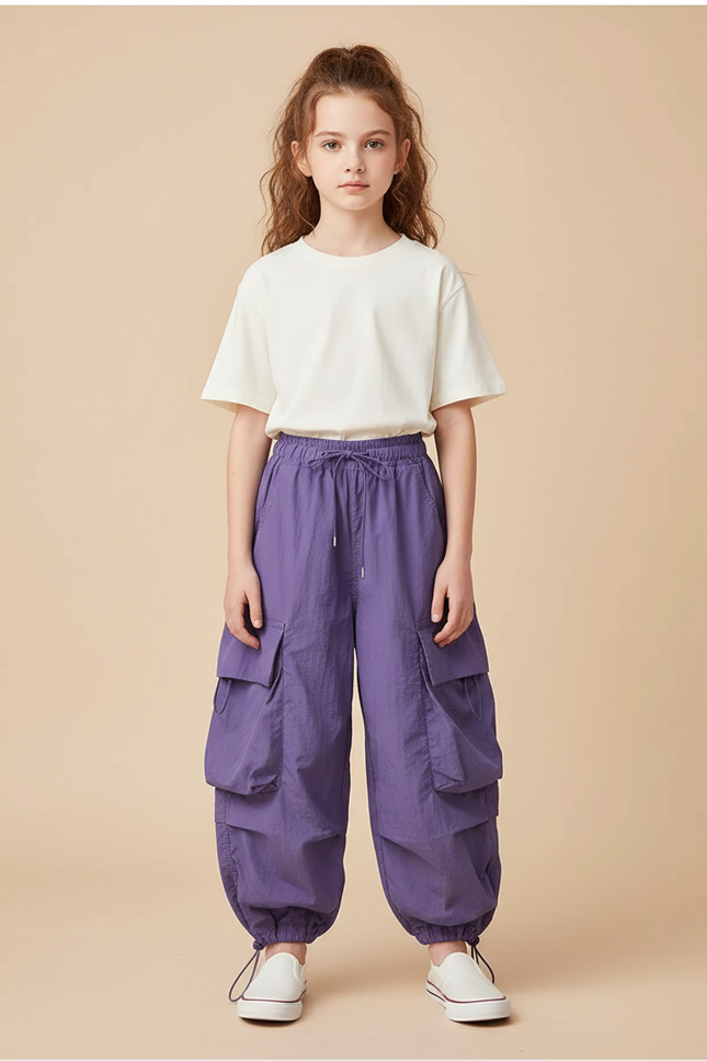 Pantalon Cargo Violet Ample Multipoches Décontracté Fille - Polyester