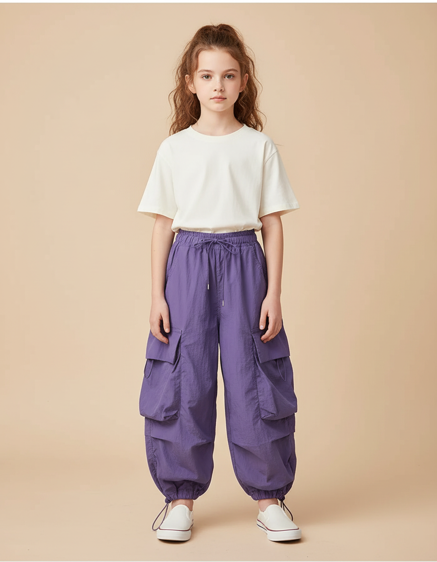 Pantalon Cargo Violet Ample Multipoches Décontracté Fille - Polyester