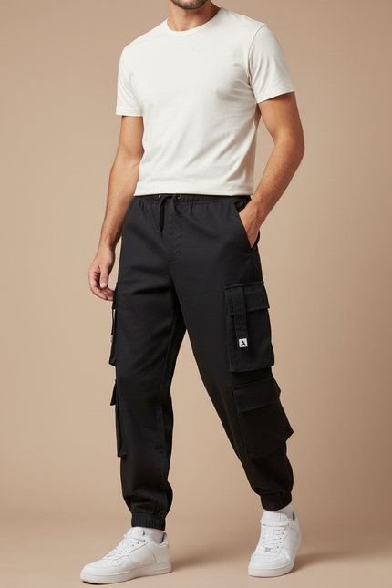 Pantalon Cargo Noir Coupe Jogger Ample Multipoches Homme - Toile