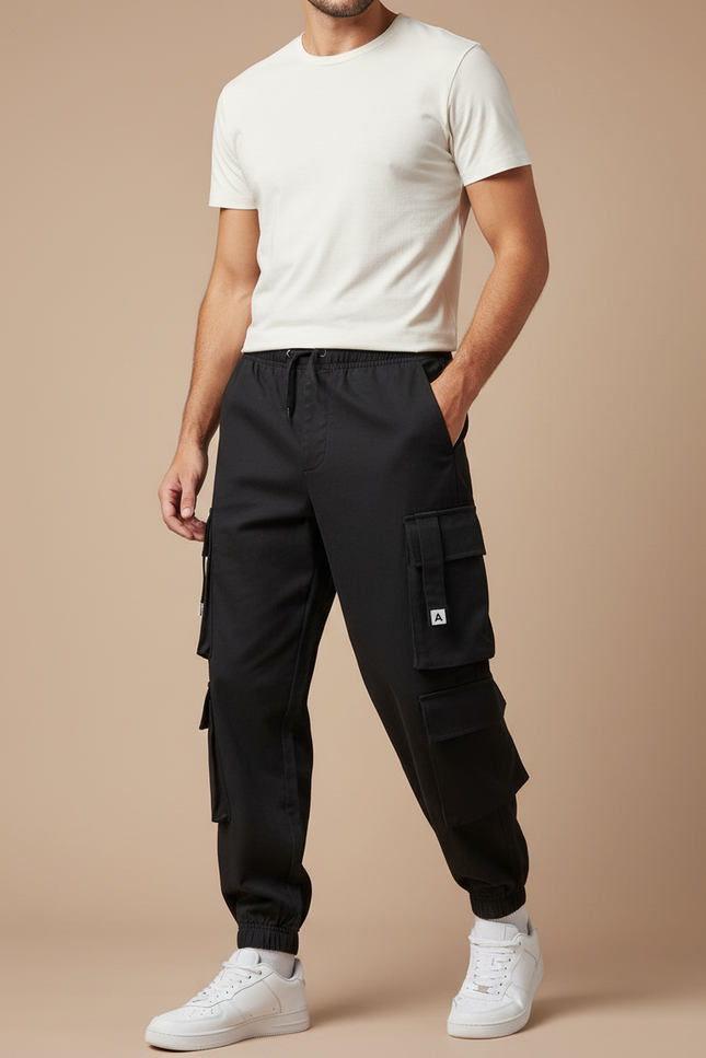 Pantalon Cargo Noir Coupe Jogger Ample Multipoches Homme - Toile