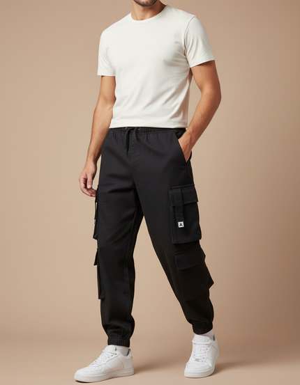 Pantalon Cargo Noir Coupe Jogger Ample Multipoches Homme - Toile
