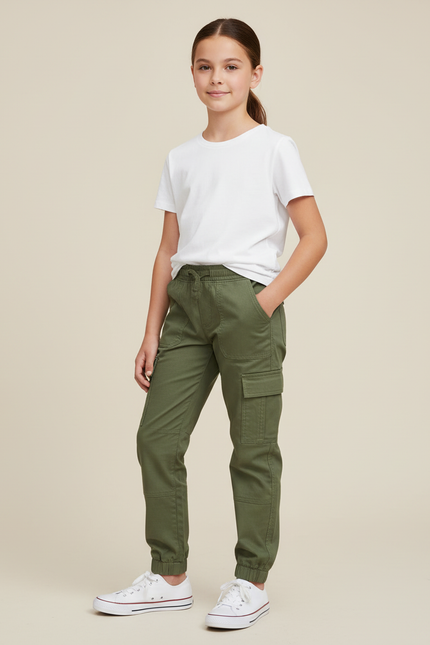 Pantalon Cargo Vert Kaki Coton Jogger Multi-Poches