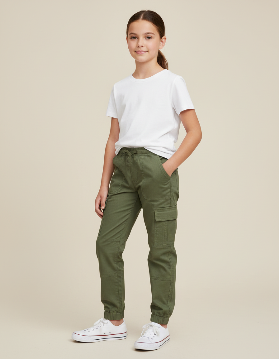 Pantalon Cargo Vert Kaki Coton Jogger Multi-Poches