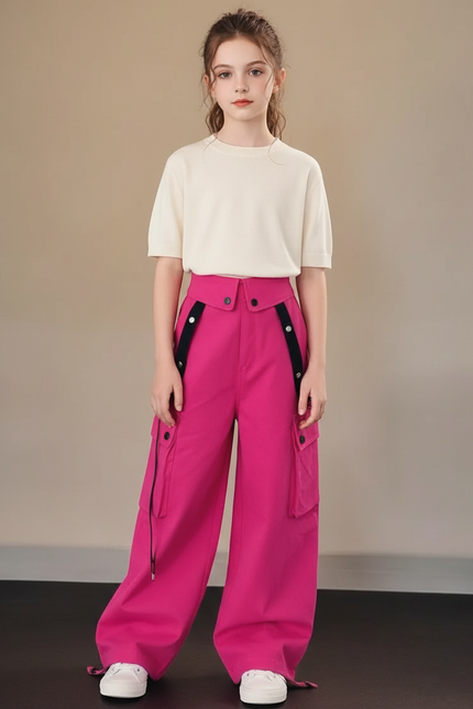 Pantalon Cargo Rose Ample Poches Bretelles Enfant - Gabardine