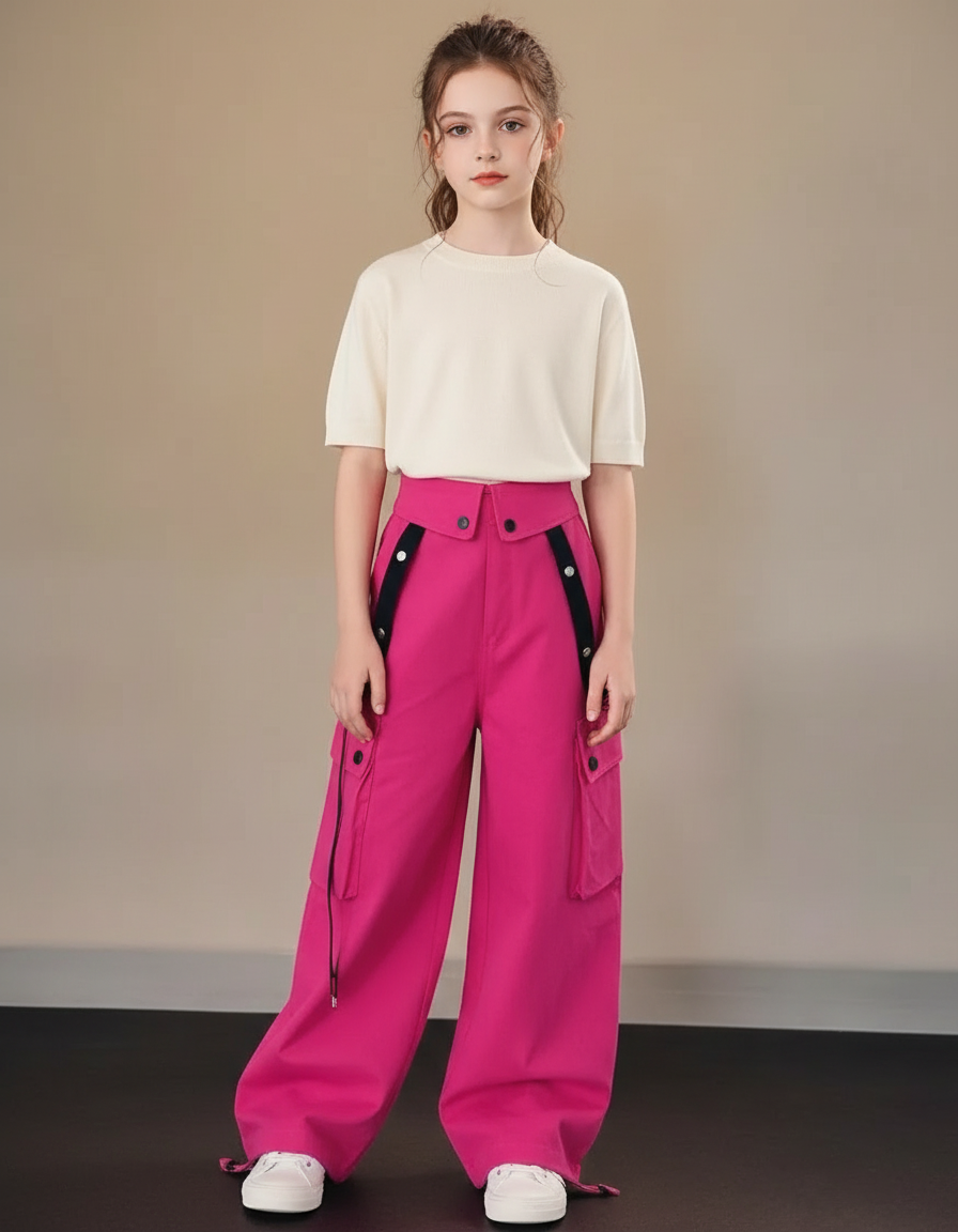 Pantalon Cargo Rose Ample Poches Bretelles Enfant - Gabardine