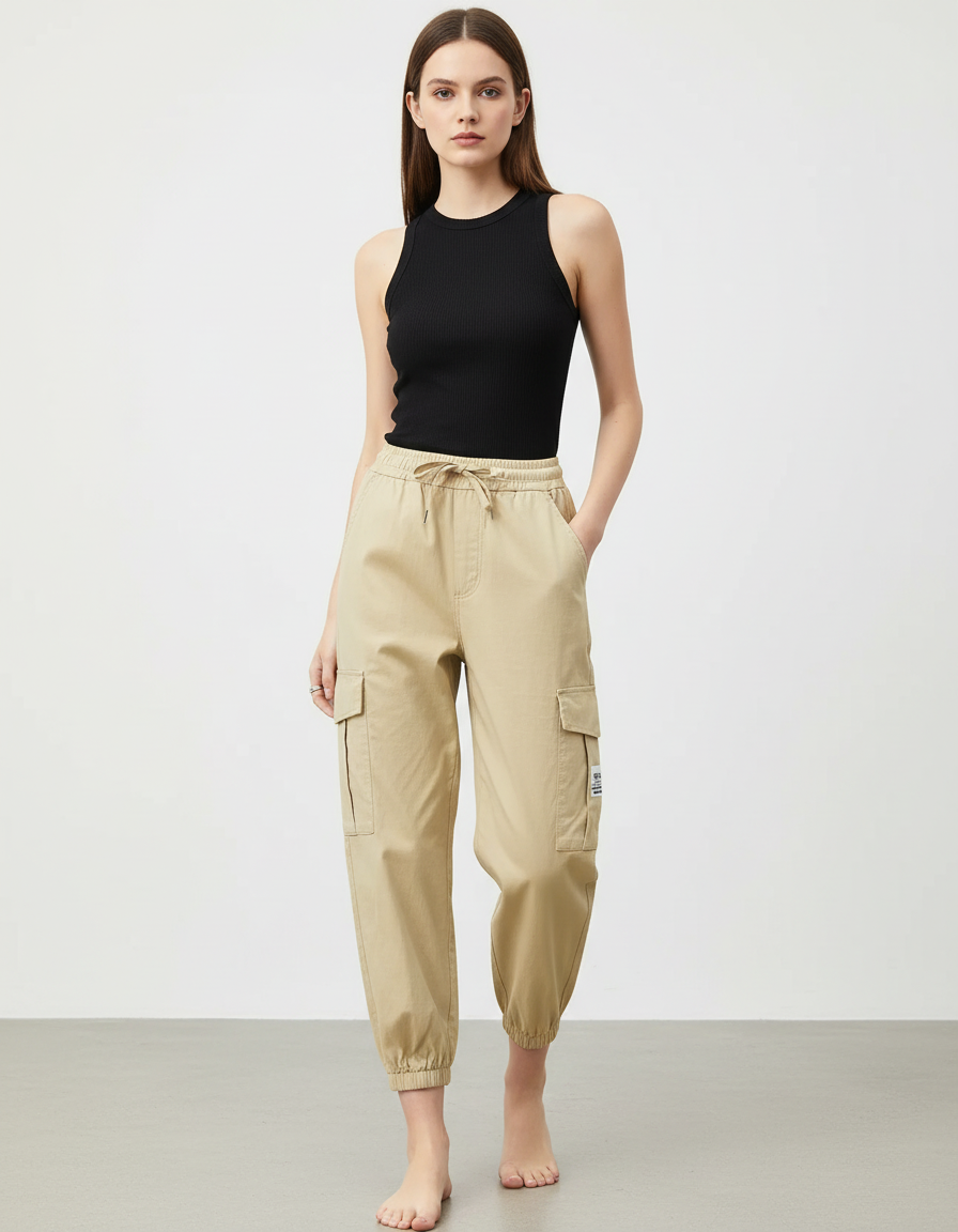 Pantalon Cargo Pantacourt Femme - Beige Toile