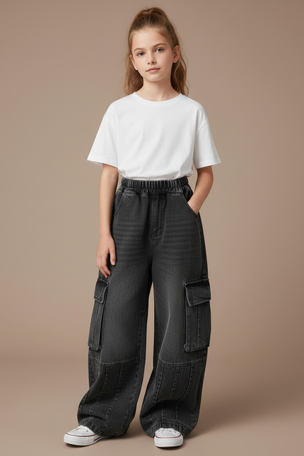 Pantalon Cargo Denim Ample Multipoches Fille - Gris Jean