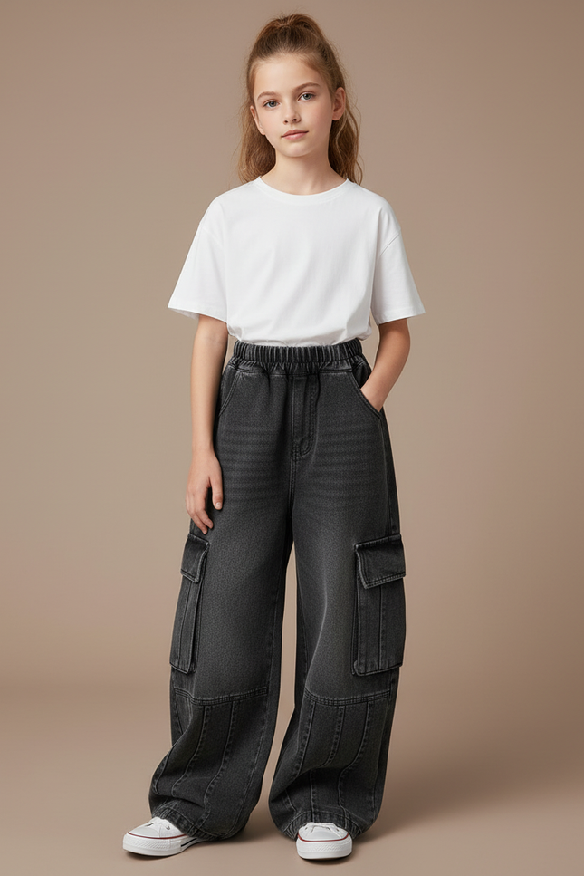 Pantalon Cargo Denim Ample Multipoches Fille - Gris Jean