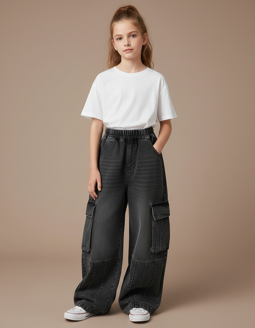 Pantalon Cargo Denim Ample Multipoches Fille - Gris Jean