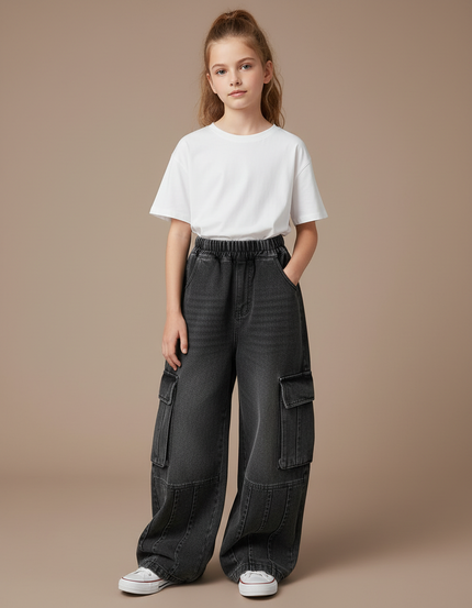 Pantalon Cargo Denim Ample Multipoches Fille - Gris Jean