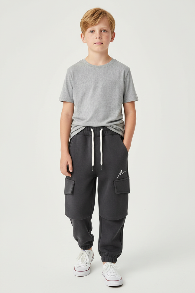 Pantalon Cargo Gris Chiné Ample Coton Décontracté - Molleton