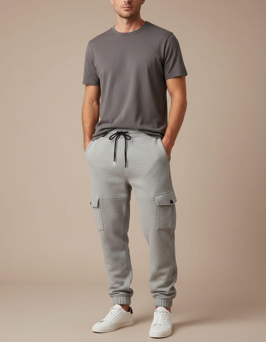 Pantalon Cargo Gris Molletonné Confortable Multipoches Homme