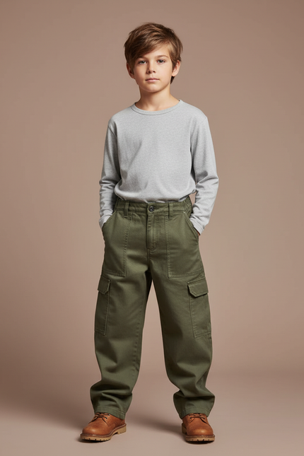 Pantalon Cargo Kaki Ample Multipoches Coton Garçon - Toile