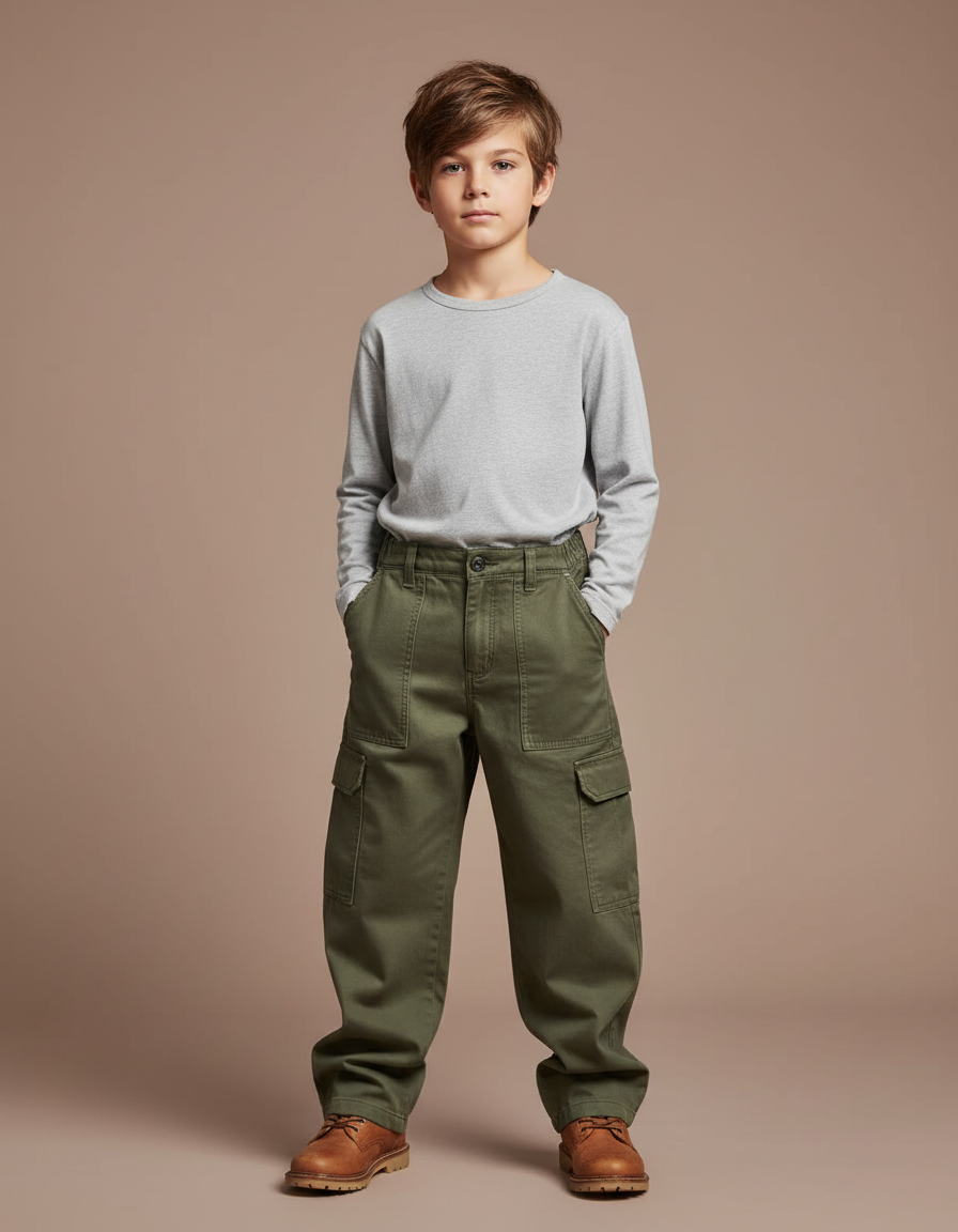 Pantalon Cargo Kaki Ample Multipoches Coton Garçon - Toile