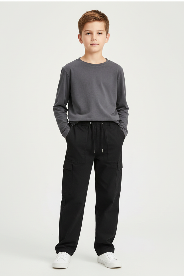 Pantalon Cargo Noir Décontracté Garçon Coton Multipoches