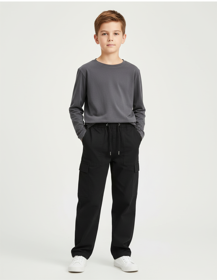 Pantalon Cargo Noir Décontracté Garçon Coton Multipoches