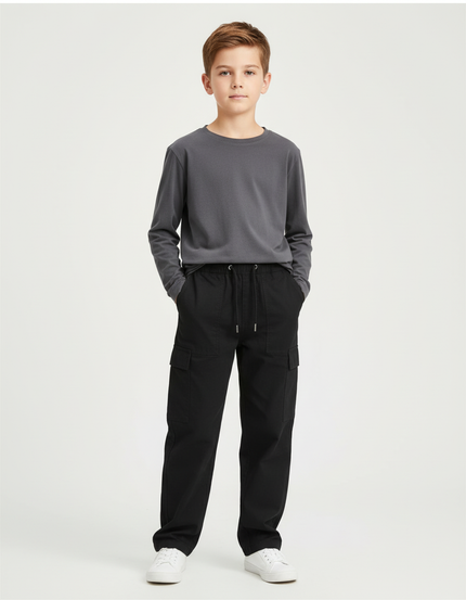 Pantalon Cargo Noir Décontracté Garçon Coton Multipoches