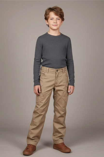 Pantalon Cargo Kaki Ample Multipoches Décontracté Garçon - Coton