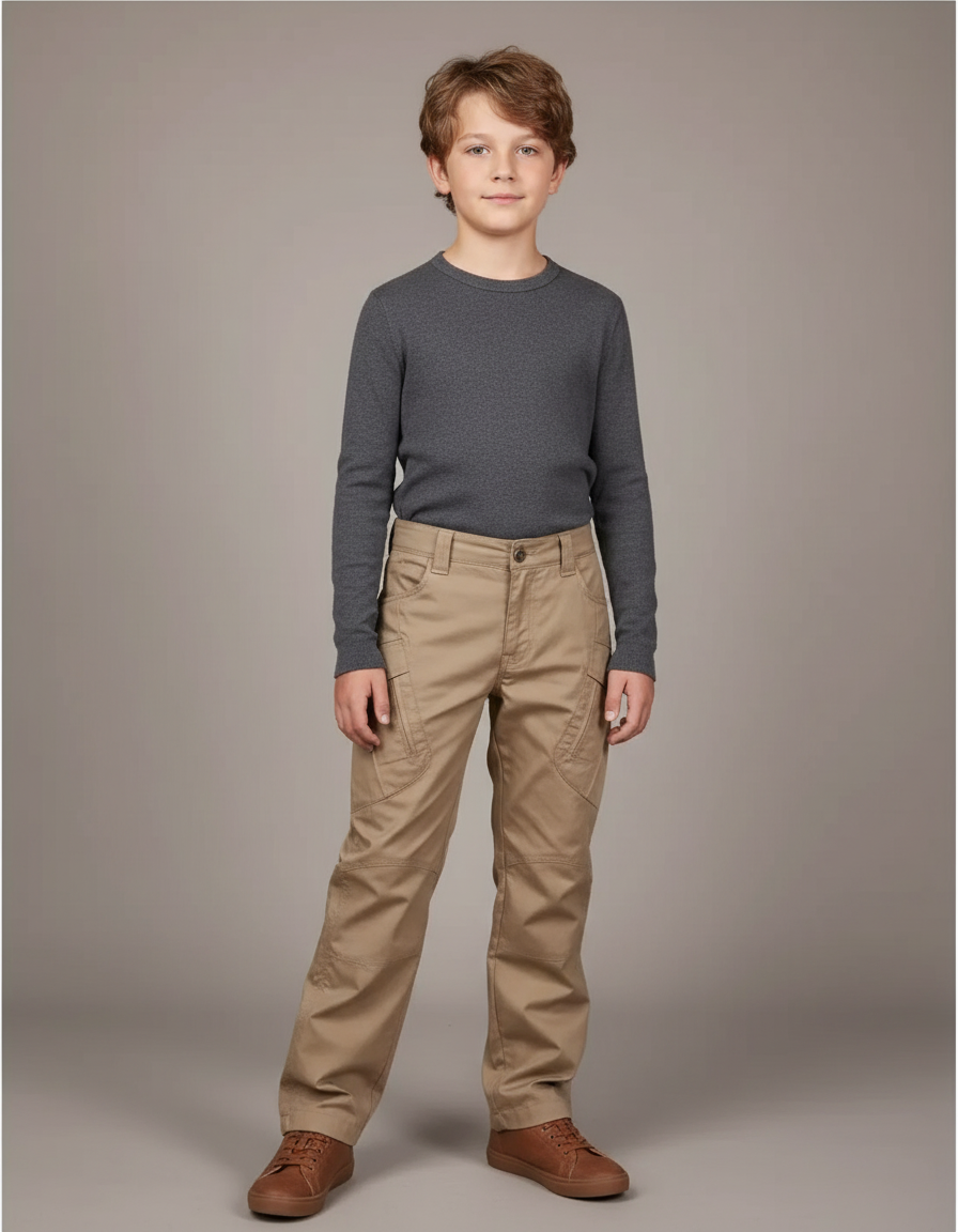 Pantalon Cargo Kaki Ample Multipoches Décontracté Garçon - Coton