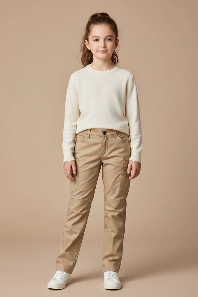 Pantalon Cargo Kaki Enfant Multipoches Coton Droit - Toile