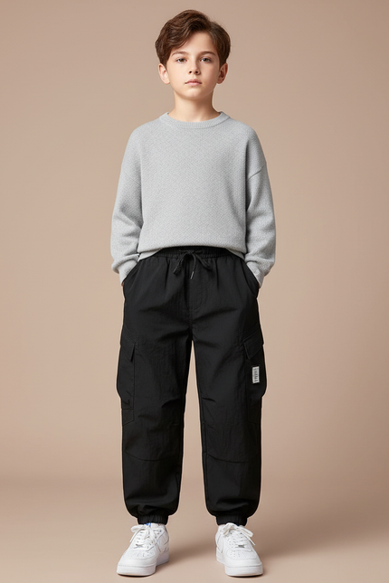 Pantalon Cargo Noir Ample Multipoches Garçon - Polyester