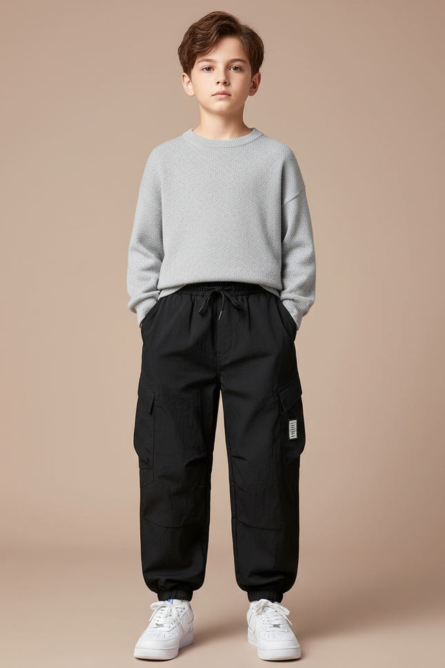 Pantalon Cargo Noir Ample Multipoches Garçon - Polyester