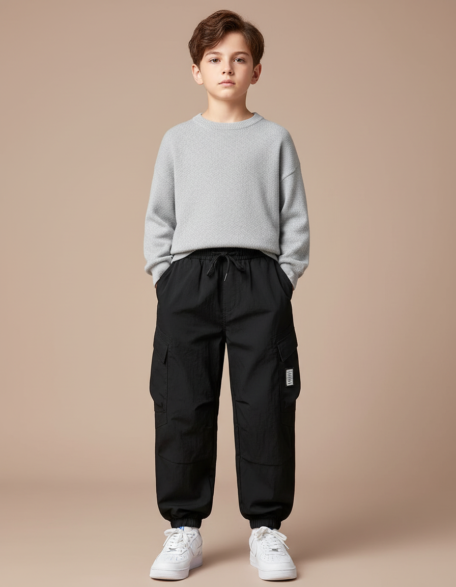 Pantalon Cargo Noir Ample Multipoches Garçon - Polyester