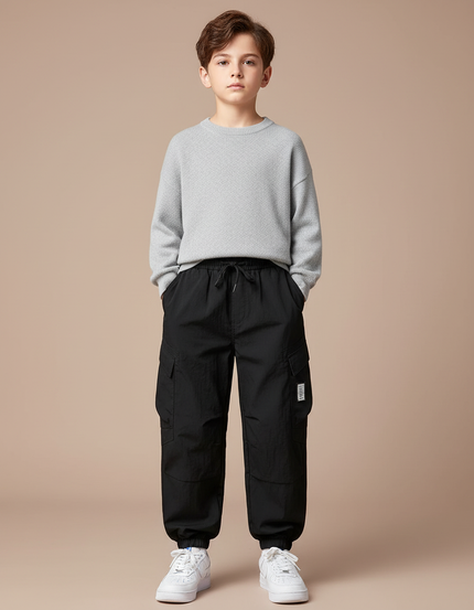 Pantalon Cargo Noir Ample Multipoches Garçon - Polyester