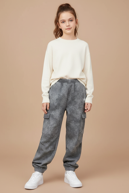 Pantalon Cargo Gris Ample Décontracté Molletonné Enfant