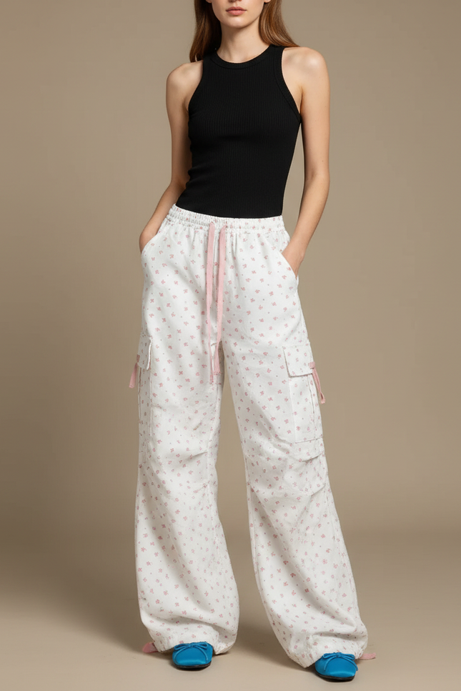 Pantalon Cargo Blanc Fleuri Ample Taille Haute - Coton