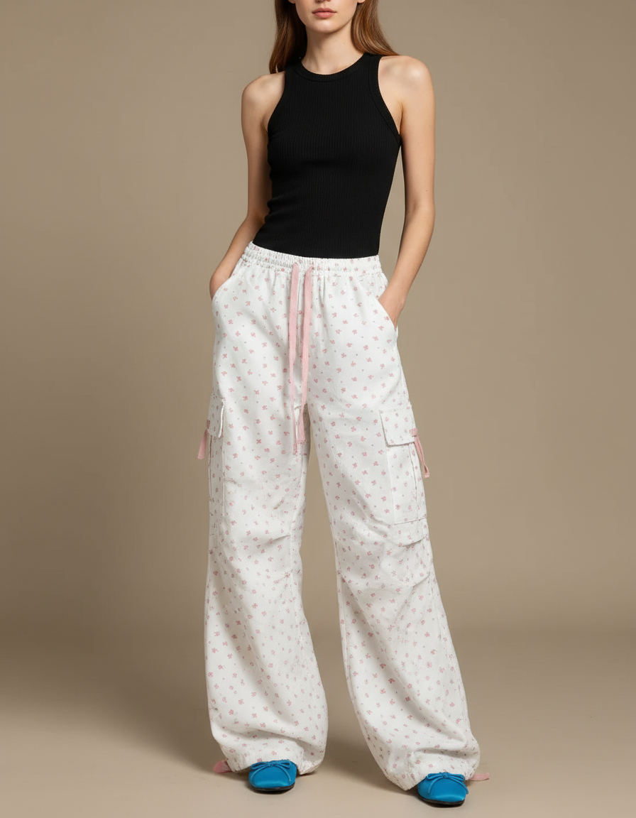 Pantalon Cargo Blanc Fleuri Ample Taille Haute - Coton