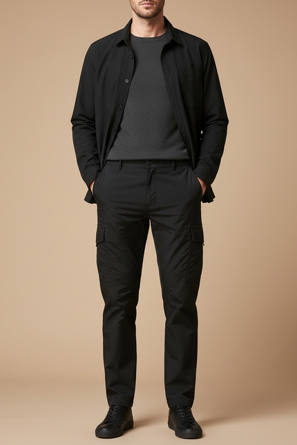 Pantalon Cargo Noir Coton Décontracté Multipoches Homme - Toile